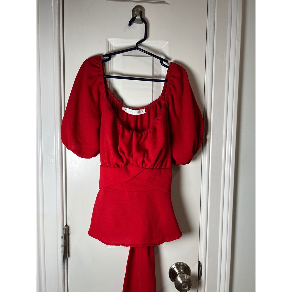 Altar'd State Red Puff Sleeve Tie Back Peplum Blouse Top Medium